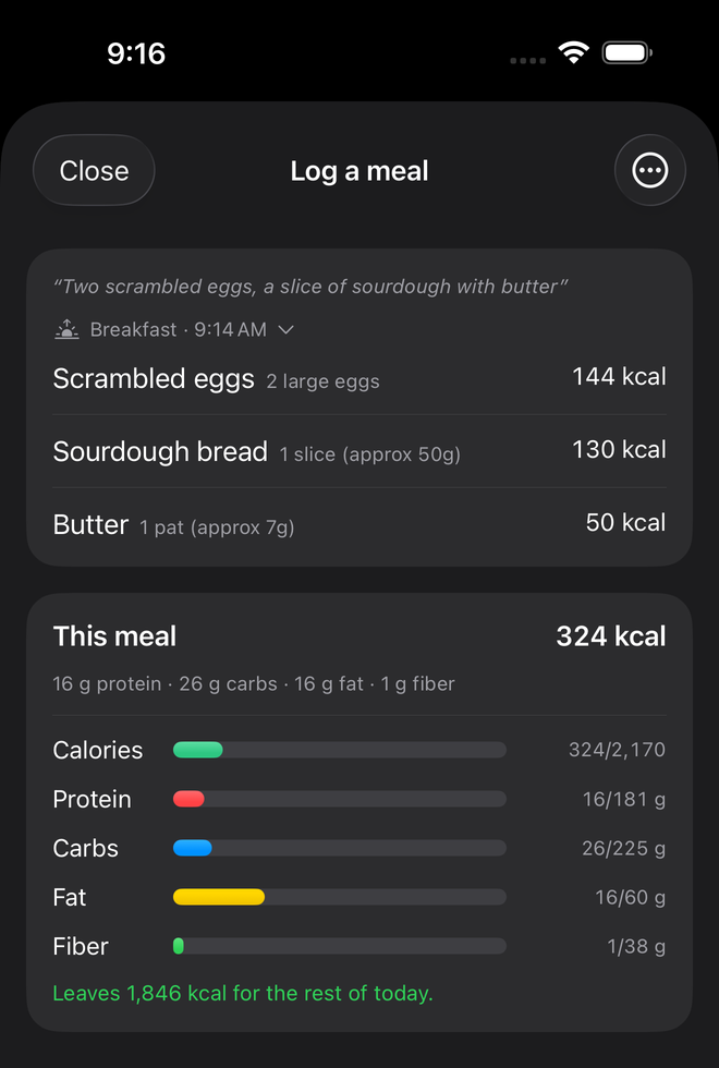 Fork Ally after logging a spoken meal: scrambled eggs 144 kcal, sourdough bread 130 kcal and butter 50 kcal, totalling 324 kcal with 16 g protein, and 1,846 kcal left for the day.
